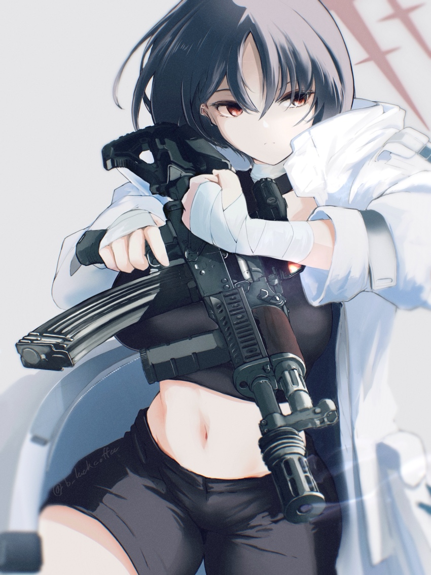 1girl absurdres akm assault_rifle b-luck_coffee bandaged_hand bandages black_hair black_shirt black_shorts blue_archive breasts closed_mouth coat commentary_request commission cowboy_shot crop_top eotech gun hair_between_eyes halo highres holding holding_gun holding_weapon kalashnikov_rifle large_breasts looking_at_viewer midriff misaki_(blue_archive) navel open_clothes open_coat red_eyes red_halo rifle shirt short_hair shorts simple_background skeb_commission smoke smoking_barrel solo split_mouth standing trigger_discipline twitter_username weapon white_background white_coat