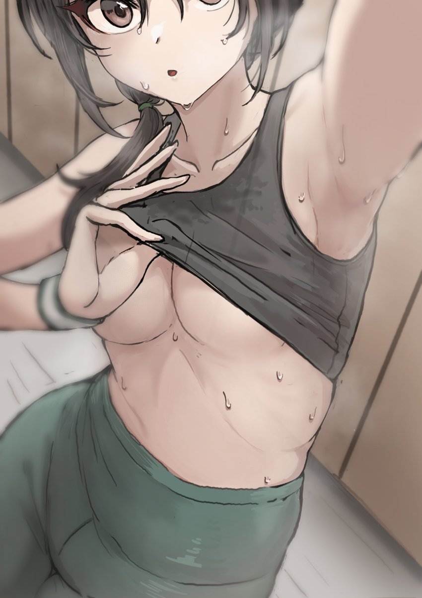 1girl absurdres aoki_kei armpits black_hair breasts clothes_lift highres idolmaster idolmaster_cinderella_girls idolmaster_cinderella_girls_starlight_stage low_ponytail medium_breasts midriff pants ponytail selfie solo sports_bra sports_bra_lift sweat trainer_(idolmaster) underboob ushimochi wristband yoga_pants