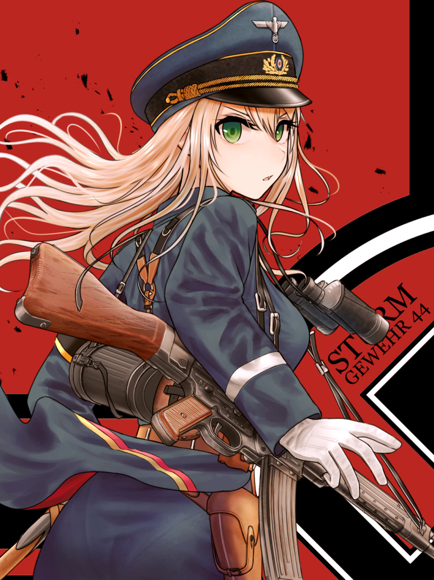 1girl assault_rifle bad_id bad_pixiv_id binoculars blonde_hair girls&#039;_frontline gloves green_eyes gun hat highres long_hair military_hat pantylines peaked_cap rifle stg44 turisasu weapon white_gloves