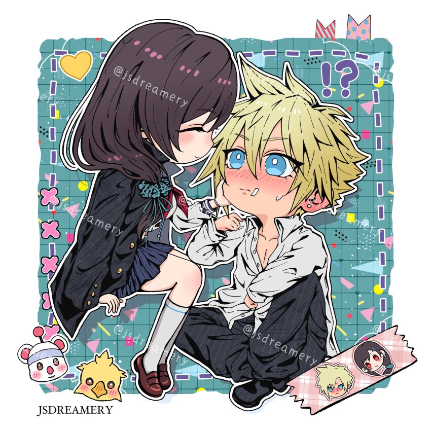 !? 1boy 1girl arm_support artist_name bandaid bandaid_on_cheek bandaid_on_face black_hair black_jacket black_pants black_shoes blonde_hair blue_eyes blue_scrunchie blue_skirt blush bracelet breasts brown_shoes checkered_background chocobo closed_eyes closed_mouth cloud_strife cloud_strife_(midgard_seventh_high_school) collarbone collared_shirt commentary couple delinquent ear_blush earrings english_commentary facing_another final_fantasy final_fantasy_vii final_fantasy_vii_ever_crisis from_side full_body gakuran green_background hair_ornament hair_over_shoulder hair_scrunchie hand_on_another&#039;s_cheek hand_on_another&#039;s_face heart highres invisible_chair jacket jacket_on_shoulders jewelry jsdreamery knee_up kneehighs large_breasts long_hair long_sleeves looking_at_another miniskirt moogle neckerchief pants pleated_skirt red_neckerchief school_uniform scrunchie serafuku shirt shoes short_hair sitting skirt smile socks spiked_hair stud_earrings three_quarter_view tifa_lockhart tifa_lockhart_(midgard_seventh_high_school) twitter_username white_serafuku white_shirt white_socks
