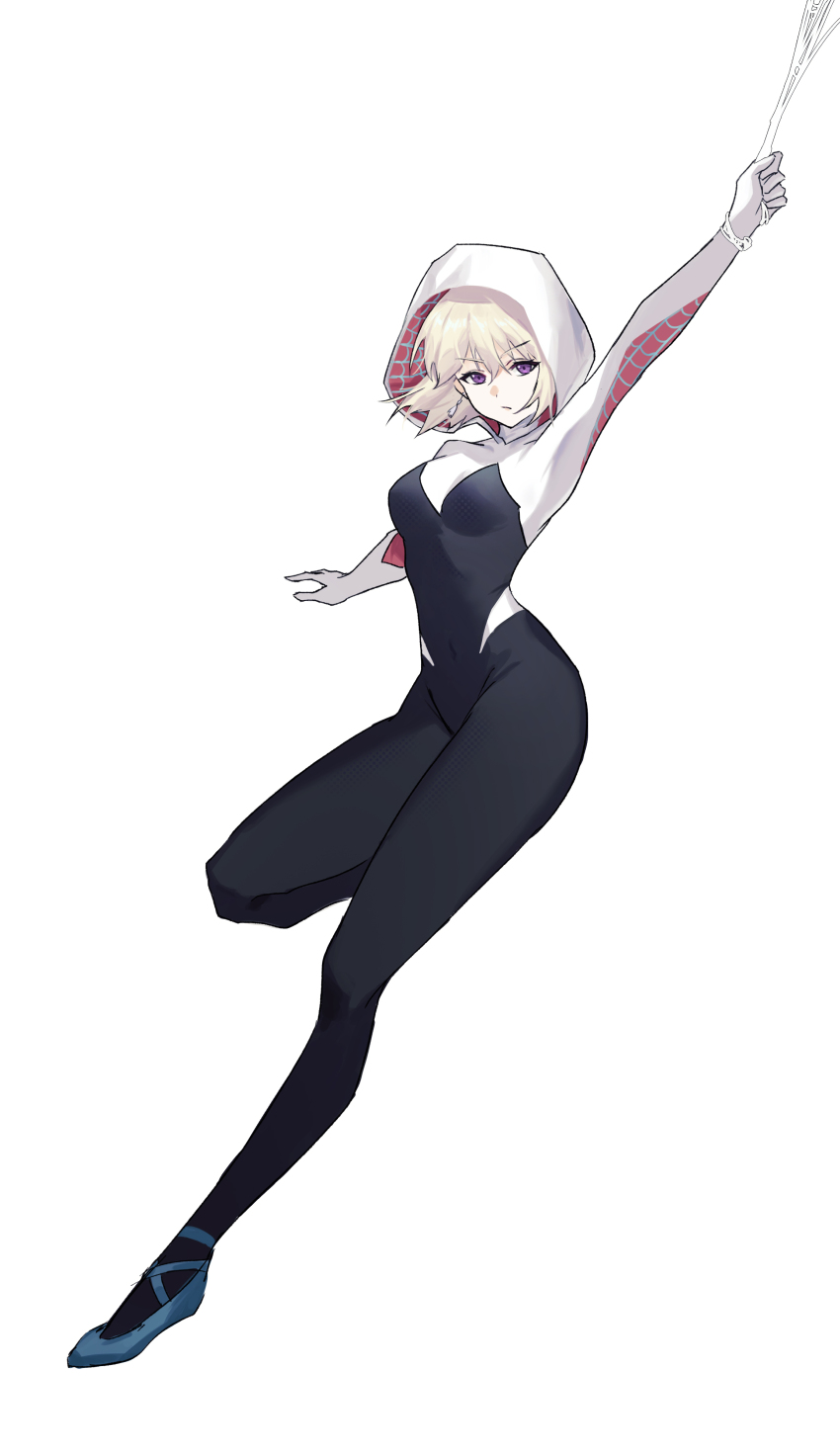 1girl absurdres ave_mujica_(bang_dream!) bang_dream! bang_dream!_it&#039;s_mygo!!!!! black_bodysuit blonde_hair bodysuit breasts cola-alter cosplay doloris_(bang_dream!) full_body highres hood hooded_bodysuit marvel misumi_uika purple_eyes short_hair silk simple_background skin_tight solo spider-gwen spider-gwen_(cosplay) spider_web two-tone_bodysuit white_background white_bodysuit