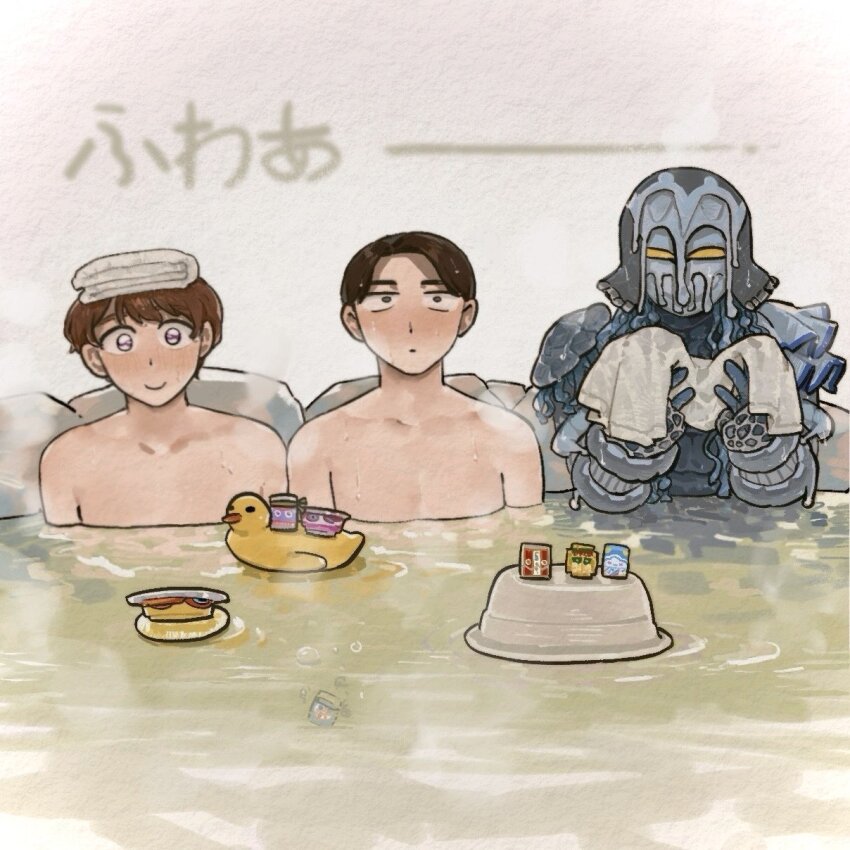 3boys adk-em bandai bandai_namco bath bathing brown_eyes brown_hair fish_nwn gochizo granute_lage9 highres inoue_shouma ishimori_prod kamen_rider kamen_rider_gavv_(series) karakida_hanto lakia_amarga male_focus monster multiple_boys partially_submerged purple_eyes same-sex_bathing shared_bathing short_hair shouma_(kamen_rider_gavv) shouma_stomach simple_background steam toei_company tokusatsu tv_asahi yellow_eyes