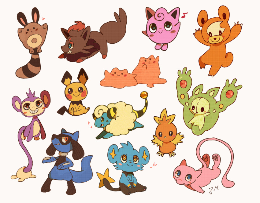 aipom animal_focus black_eyes blue_eyes bluekomadori blush_stickers claws closed_mouth ditto full_body gen_1_pokemon gen_2_pokemon gen_3_pokemon gen_4_pokemon gen_5_pokemon grin heart legendary_pokemon mareep mew_(pokemon) musical_note mythical_pokemon nintendo no_humans open_mouth pawpads pichu pokemon pokemon_(creature) reuniclus riolu sentret shinx simple_background smile sparkle teddiursa torchic white_background zorua