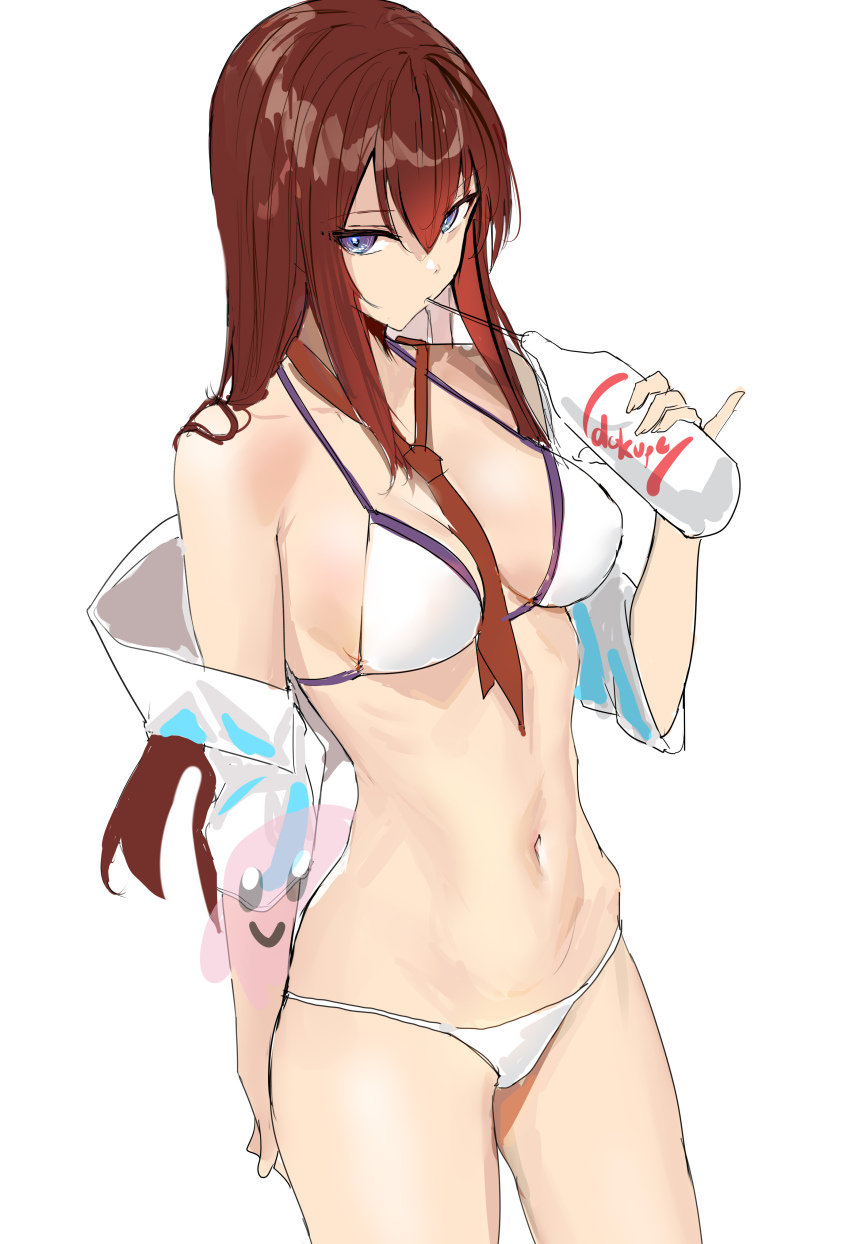 1girl absurdres bikini blue_eyes breasts commentary_request covered_erect_nipples drinking_straw drinking_straw_in_mouth hair_between_eyes highres jacket kirby kirby_(series) long_hair looking_at_viewer makise_kurisu medium_breasts midriff navel nintendo off_shoulder pinky_out porroll red_hair simple_background solo steins;gate swimsuit white_background white_bikini white_jacket