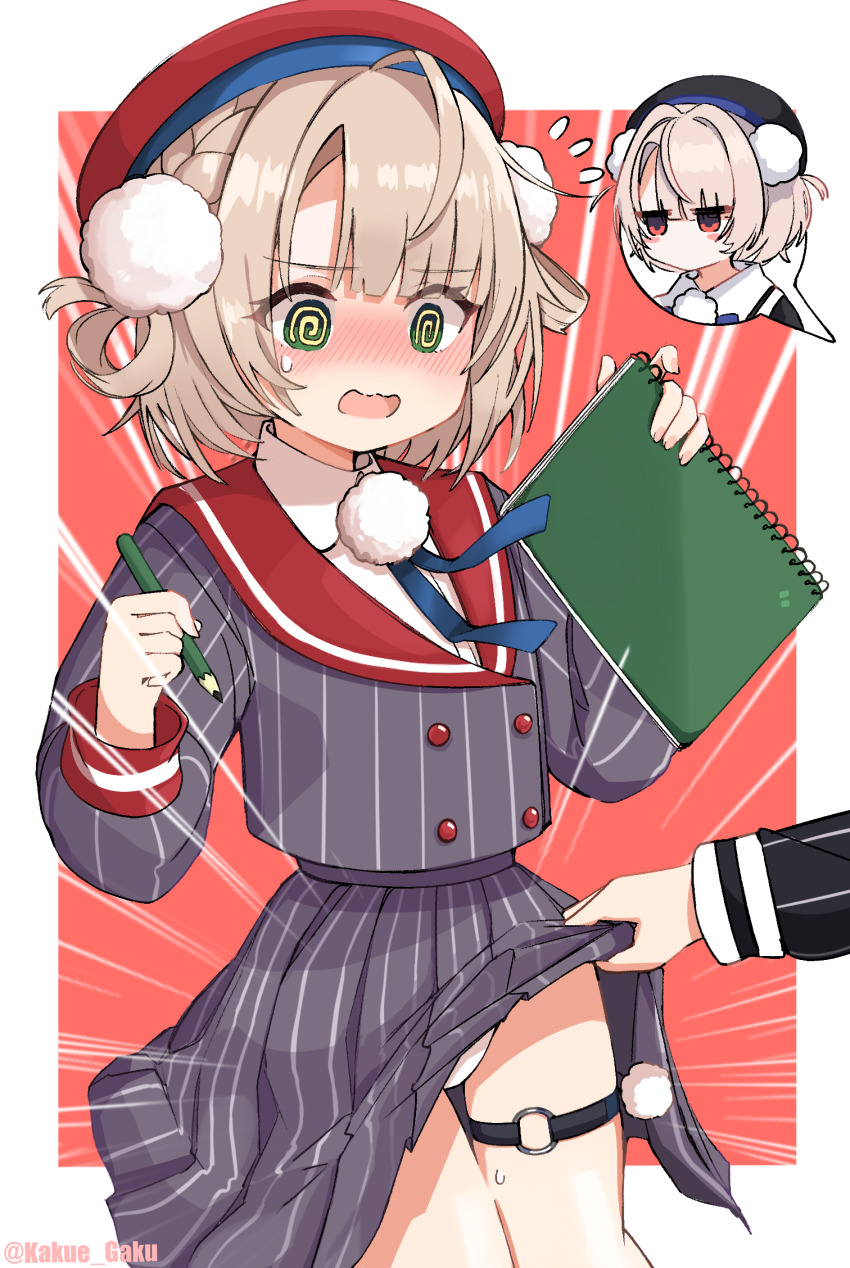 2girls @_@ beret blue_ribbon blunt_bangs blush braid brown_hair collared_shirt dress_shirt embarrassed flying_sweatdrops green_eyes grey_jacket grey_skirt hair_ornament hair_rings hat highres holding holding_notebook holding_pencil indie_virtual_youtuber jacket kakue_gaku lifting_another&#039;s_clothes long_sleeves looking_down miniskirt multiple_girls neck_ribbon notebook o-ring o-ring_thigh_strap open_mouth panties pencil pinstripe_jacket pinstripe_pattern pinstripe_skirt pleated_skirt pom_pom_(clothes) pom_pom_hair_ornament red_hat red_sailor_collar ribbon sailor_collar school_uniform shigure_ui_(vtuber) shigure_ui_(vtuber)_(1st_costume) shirt short_hair side_braid side_part side_up_ring skirt skirt_flip sleeve_cuffs small_sweatdrop solo_focus spoken_character thigh_strap twitter_username ui_(voisona) underwear virtual_youtuber voisona wavy_mouth white_panties white_shirt