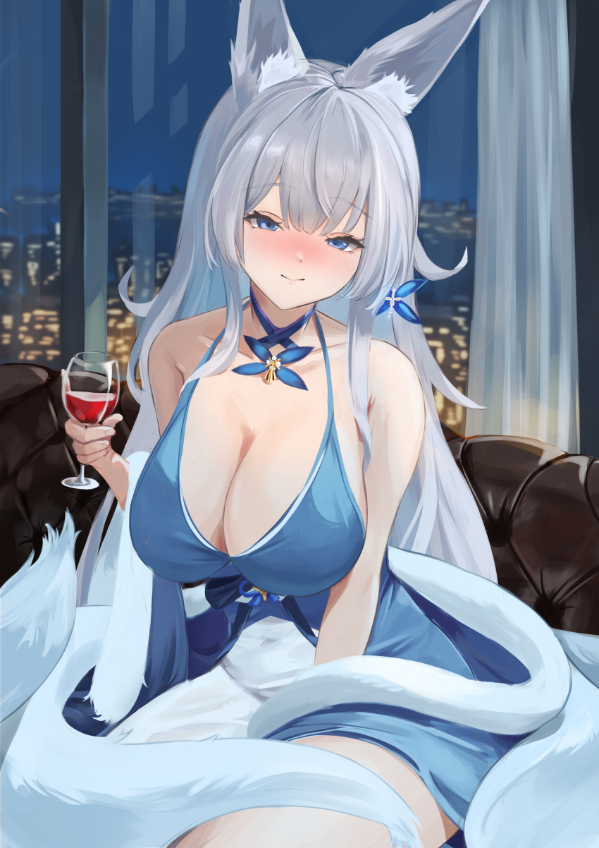 1girl absurdres animal_ear_fluff animal_ears azur_lane blue_collar blue_dress breasts cleavage collar cupping_glass dress feather_boa fox_ears halter_dress halterneck highres kitsune kyuubi large_breasts large_tail long_hair looking_at_viewer multiple_tails official_alternate_costume remapack77 shinano_(azur_lane) shinano_(dreams_of_the_hazy_moon)_(azur_lane) tail white_tail wrist_flower
