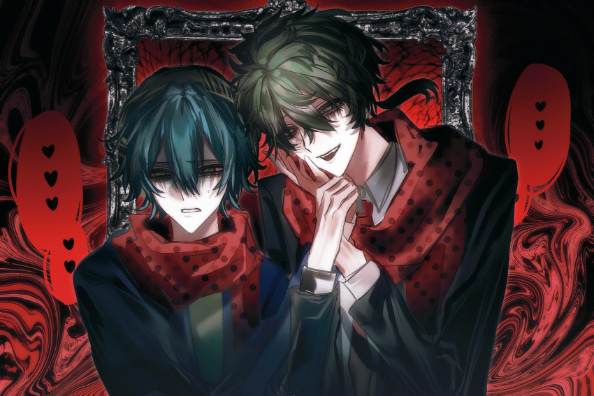 2boys absurdres aqua_hair black_jacket blue_jacket collared_shirt commentary green_eyes green_hair green_hat green_shirt hair_between_eyes hand_on_another&#039;s_wrist hat heart highres hiyori_sou jacket kimi_ga_shine male_focus midori_(kimi_ga_shine) moyu_shuang multiple_boys necktie open_clothes open_jacket picture_frame polka_dot polka_dot_scarf red_background red_necktie red_scarf scarf shirt short_hair smile symbol-only_commentary wavy_background white_shirt yandere yaoi