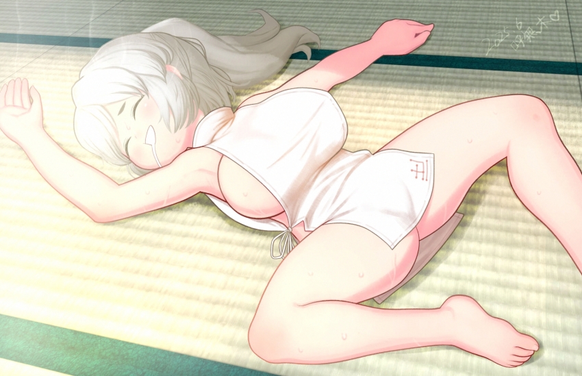 1girl barefoot blush breasts closed_eyes commentary_request dated foot_out_of_frame grey_hair high_ponytail highres japanese_clothes kariginu large_breasts long_hair lying mononobe_no_futo on_back on_floor open_mouth oppai_loli ponytail saliva shirt sideboob sleeping smile solo tatami touhou white_shirt yonaki