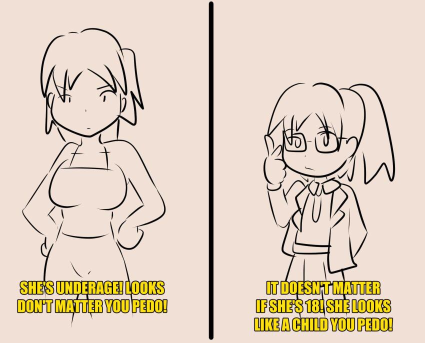 2girls adjusting_eyewear age_difference artist_request breasts child closed_mouth collarbone collared_shirt cropped_legs doodle ears english_text flat_chest glasses hand_up height_difference highres jacket large_breasts long_hair long_sleeves looking_at_viewer mature_female meme multiple_girls necktie nose petite ponytail shirt short_hair simple_background skirt sleeveless third-party_source upper_body white_background