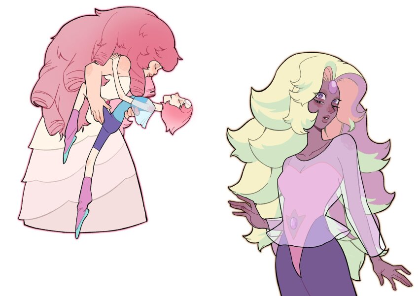 3girls blonde_hair curly_hair dress extra_eyes gradient_hair highres leggings leotard multicolored_hair multiple_girls pearl_(steven_universe) pink_hair purple_leggings rainbow_quartz rose_quartz_universe steven_universe white_dress ydktun