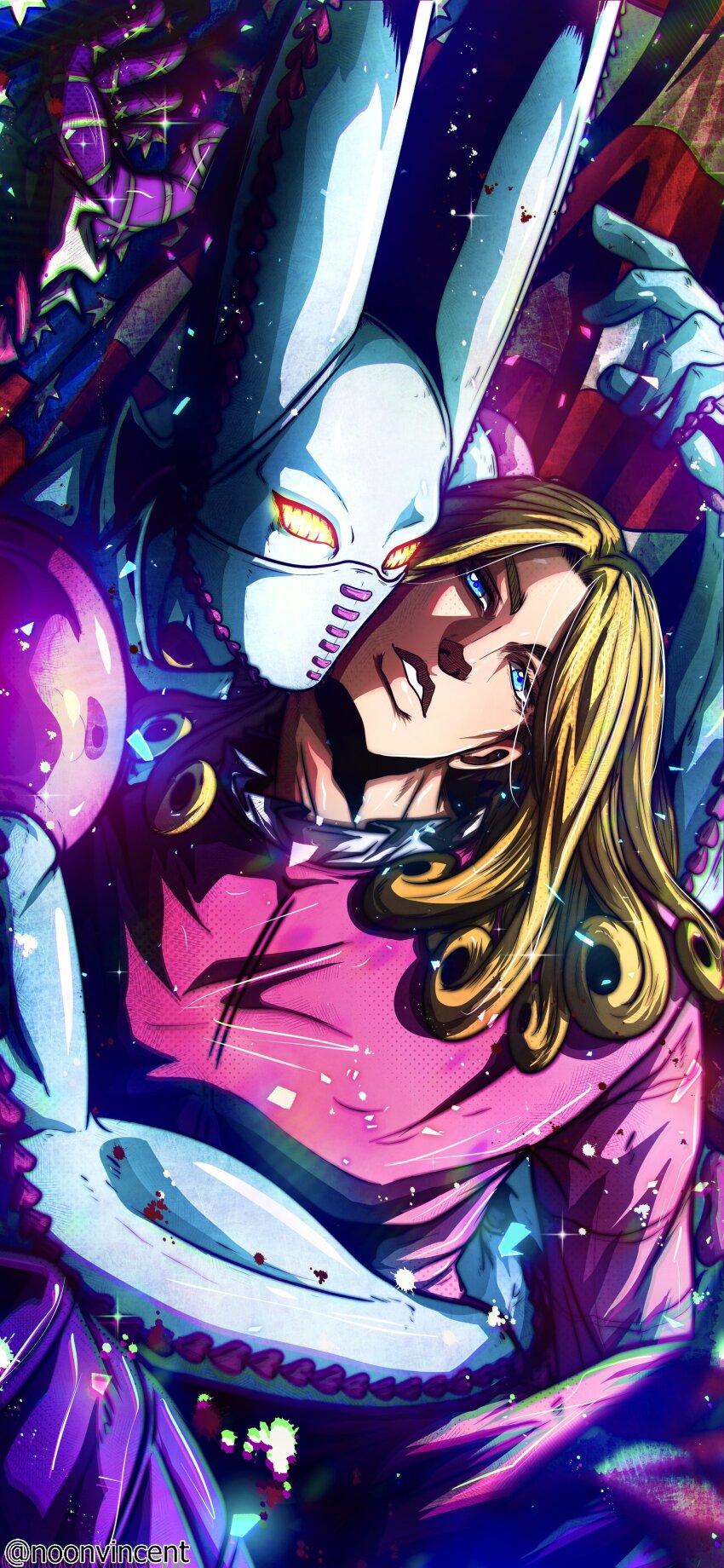1boy 1other absurdres american_flag araki_hirohiko_(style) argyle_clothes argyle_gloves blonde_hair blue_eyes blue_skin coat colored_skin dirty_deeds_done_dirt_cheap funny_valentine gloves glowing glowing_eyes highres jojo_no_kimyou_na_bouken long_hair looking_at_viewer mask mouth_mask no_mouth noonvincent pink_coat purple_gloves stand_(jojo) steel_ball_run yellow_eyes