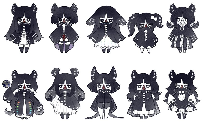 1girl arm_up asymmetrical_clothes bare_legs black_coat black_dress black_hair black_jacket black_leotard black_panties black_socks bob_cut bow bubble_skirt chibi coat colored_skin cthulhu_mythos detached_sleeves dress extra_mouth full_body hair_bow hair_ornament haiyahaiyohai high_collar highres jacket kneehighs leotard long_hair long_sleeves looking_at_viewer low_twintails monster_girl multiple_views open_mouth outstretched_arms panties pantyhose rainbow_order sharp_teeth short_hair shub-niggurath sideways_mouth simple_background skirt skull_hair_ornament sleeves_past_fingers sleeves_past_wrists socks standing teeth tentacle_hair thighhighs train_(clothing) turtleneck twintails underwear uneven_twintails variations very_long_hair white_background white_bow white_dress white_skin wide_sleeves zettai_ryouiki
