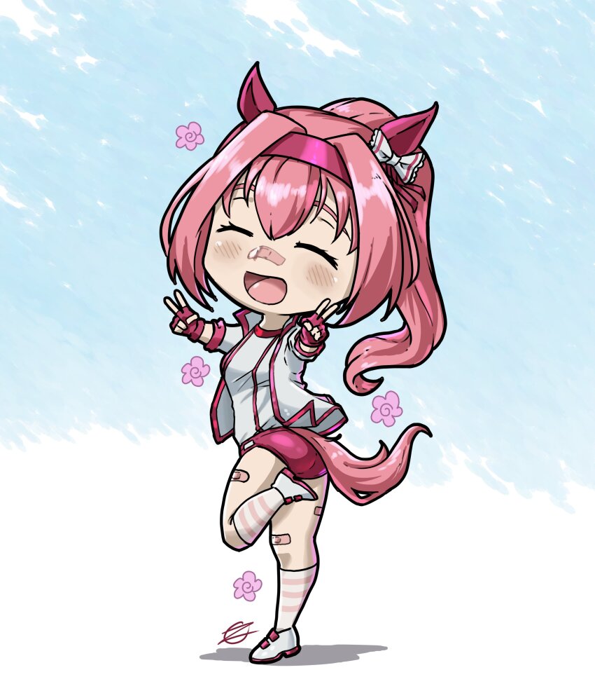 1girl absurdres animal_ears bandaid bandaid_on_face bandaid_on_leg bandaid_on_nose bow buruma chibi closed_eyes double_v ear_bow ear_covers fingerless_gloves flower full_body gloves hairband haru_urara_(bestest_prize)_(umamusume) haru_urara_(umamusume) headband highres horse_ears horse_girl horse_tail jacket long_hair open_mouth pink_buruma pink_hair pink_headband pink_socks ponytail red_buruma red_gloves red_headband shirt shoes smile socks solo standing standing_on_one_leg striped_clothes striped_socks tail umamusume v white_jacket white_shirt white_socks zeldrak