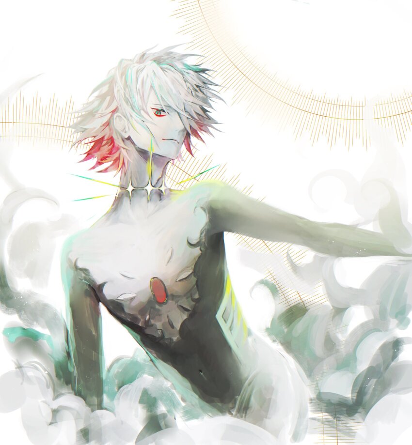 1boy blue_eyes chest_jewel covered_navel cowboy_shot eyeshadow eyeshadow_under_eye fate/grand_order fate_(series) glowing hair_between_eyes highres jun_canopus karna_(fate) looking_at_viewer makeup male_focus pale_skin red_eyeshadow scar scar_on_neck short_hair smile solo white_hair