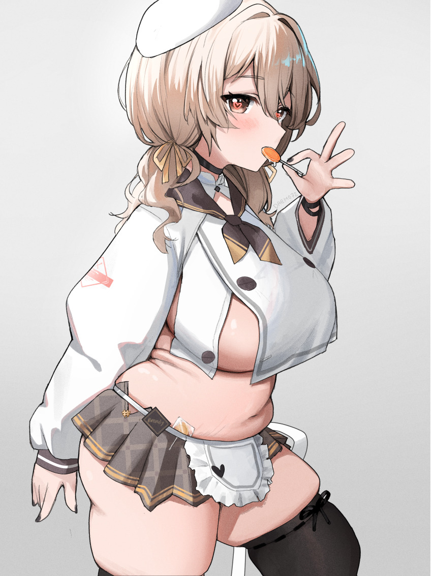 1girl absurdres apron black_nails black_thighhighs bready_(nikke) breasts brown_eyes brown_ribbon brown_skirt candy cropped_jacket daemo72 food goddess_of_victory:_nikke grey_background grey_hair heart heart-shaped_pupils highres holding holding_candy holding_food holding_lollipop jacket large_breasts lollipop lollipop_in_mouth microskirt muffin_top plump ribbon simple_background skindentation skirt solo stretch_marks symbol-shaped_pupils thighhighs waist_apron white_apron white_jacket