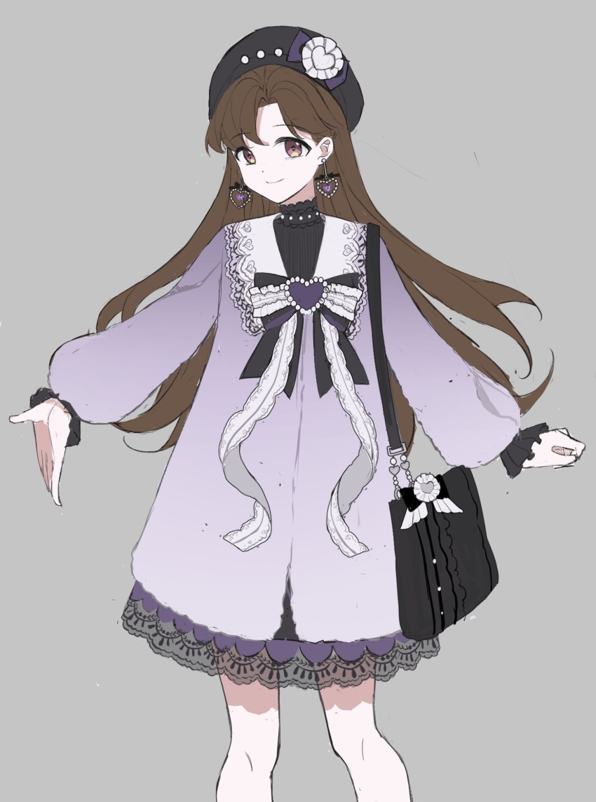 1girl bag beret black_bag black_bow black_bowtie black_dress black_hat bow bow_earrings bowtie brooch brown_eyes brown_hair carefree_moments_(infinity_nikki) chinese_commentary closed_mouth coat commentary cowboy_shot dot_nose dress earrings flat_color frilled_sleeves frills grey_background hat hat_bow hat_ornament heart heart_brooch heart_earrings heart_hat_ornament highres infinity_nikki jewelry jirai_kei knees lace lace-trimmed_bowtie lace-trimmed_dress lace_trim long_hair long_sleeves looking_to_the_side nikki_(series) outstretched_hand parted_bangs puffy_long_sleeves puffy_sleeves purple_bow purple_brooch purple_coat short_dress shoulder_bag simple_background smile solo standing tareme turtleneck turtleneck_dress very_long_hair white_bow white_bowtie youyidianqingming