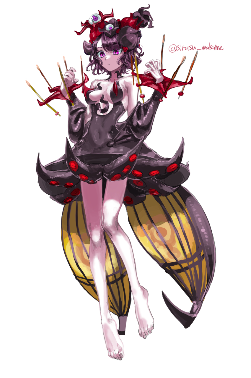 1girl artist_name bare_shoulders black_dress breasts closed_mouth commentary_request dress expressionless extra_eyes fate/grand_order fate_(series) full_body hair_flaps highres horror_(theme) katsushika_hokusai_(fate) katsushika_hokusai_(third_ascension)_(fate) medium_breasts purple_eyes purple_hair short_hair simple_background solo tentacles twitter_username user_awsu5577 white_background