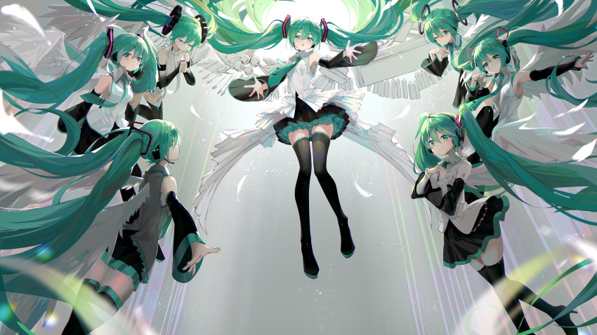 6+girls absurdres aqua_eyes aqua_hair aqua_nails aqua_necktie asahi_kuroi black_sleeves boots breasts closed_eyes detached_sleeves feathers frilled_skirt frills hands_on_own_chest hatsune_miku hatsune_miku_(append) hatsune_miku_(nt) hatsune_miku_(vocaloid3) hatsune_miku_(vocaloid4) hatsune_miku_(vocaloid4)_(chinese) hatsune_miku_happy_16th_birthday_-dear_creators- highres medium_breasts multiple_girls multiple_persona necktie one_eye_closed own_hands_clasped own_hands_together piapro_studio skirt thigh_boots thighhighs v4x vocaloid vocaloid_append white_feathers white_wings wings zettai_ryouiki