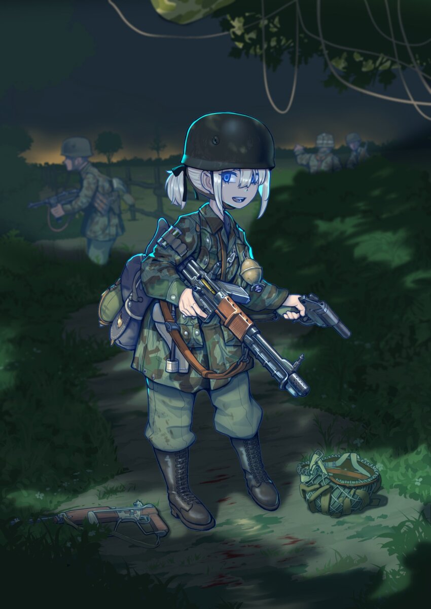 1girl 3boys ammunition_pouch battle_rifle black_ribbon blonde_hair blood blood_on_ground blue_eyes combat_helmet d-day erica_(naze1940) explosive fallschirmhelm fallschirmjaeger fg42 finger_on_trigger flare_gun gisela_koch grenade gun hair_between_eyes hair_ribbon helmet highres invasion_of_normandy looking_at_viewer luftwaffe m1_carbine m1_helmet military military_combat_uniform military_uniform mp40 multiple_boys night night_sky open_mouth original outdoors parachute paratrooper ponytail pouch ribbon rifle sky submachine_gun tree weapon wehrmacht world_war_ii