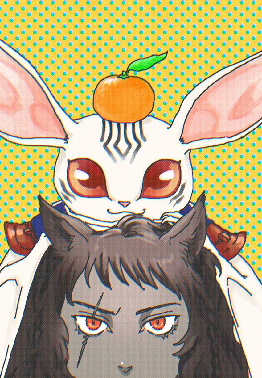 2boys :3 animal_ears basilio_(metaphor:_refantazio) bat_wings ben-day_dots braid brown_hair colored_skin dotted_background eyelashes facial_mark food food_on_head fruit hands_on_another&#039;s_head heismay_(metaphor:_refantazio) highres leaf looking_at_another male_focus mandarin_orange metaphor:_refantazio multiple_boys object_on_head on_head pinkpinkonse red_eyes screentones side_braids twin_braids very_long_ears vest white_skin wings