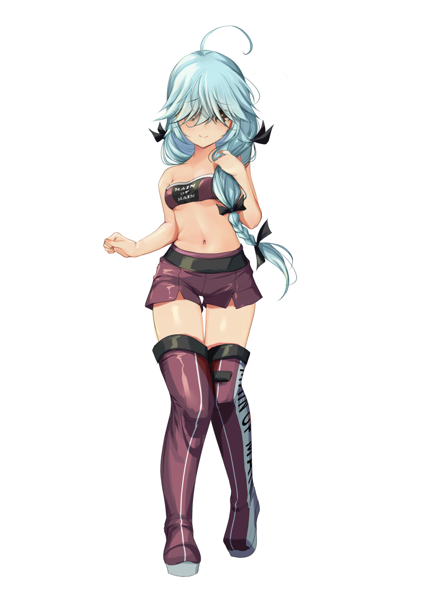 1girl absurdres ahoge aqua_bow aqua_bowtie bandeau bare_shoulders bow bowtie braid brown_eyes clothes_writing contrapposto cowboy_shot detached_collar full_body grey_hair hair_over_eyes hair_ribbon hamanami_(kancolle) highres kantai_collection long_hair looking_at_viewer medium_hair midriff multiple_views navel purple_bandeau purple_shorts purple_thighhighs race_queen ribbon shorts simple_background single_braid standing strapless thighhighs tube_top v white_background white_ribbon yashin_(yasinz)