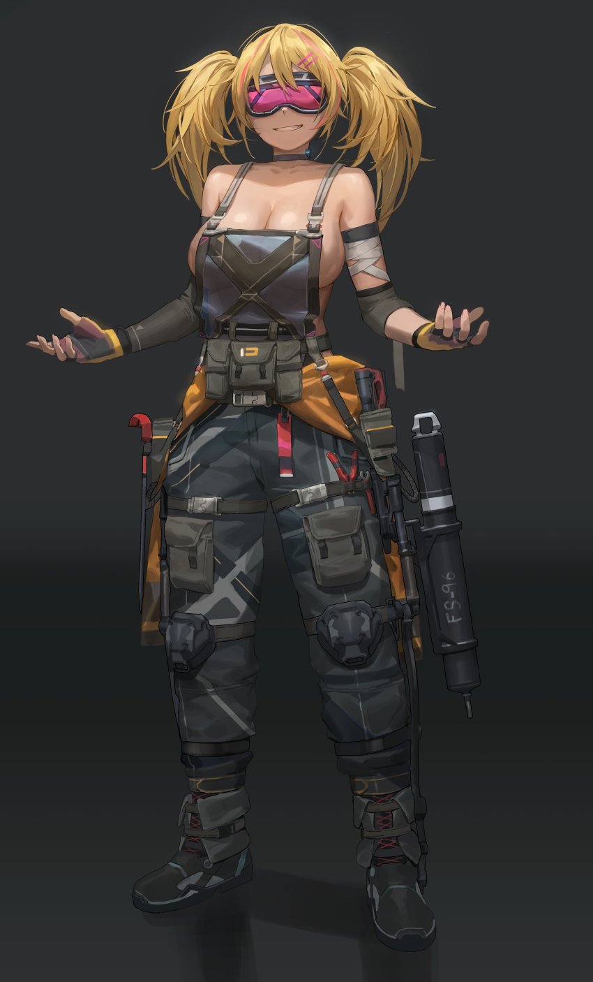 1girl absurdres bandaged_arm bandages bare_shoulders black_background blonde_hair breasts choker cleavage cyberpunk engineer fingerless_gloves free_style_(yohan1754) gloves goggles highres large_breasts no_bra original overalls pouch solo standing twintails