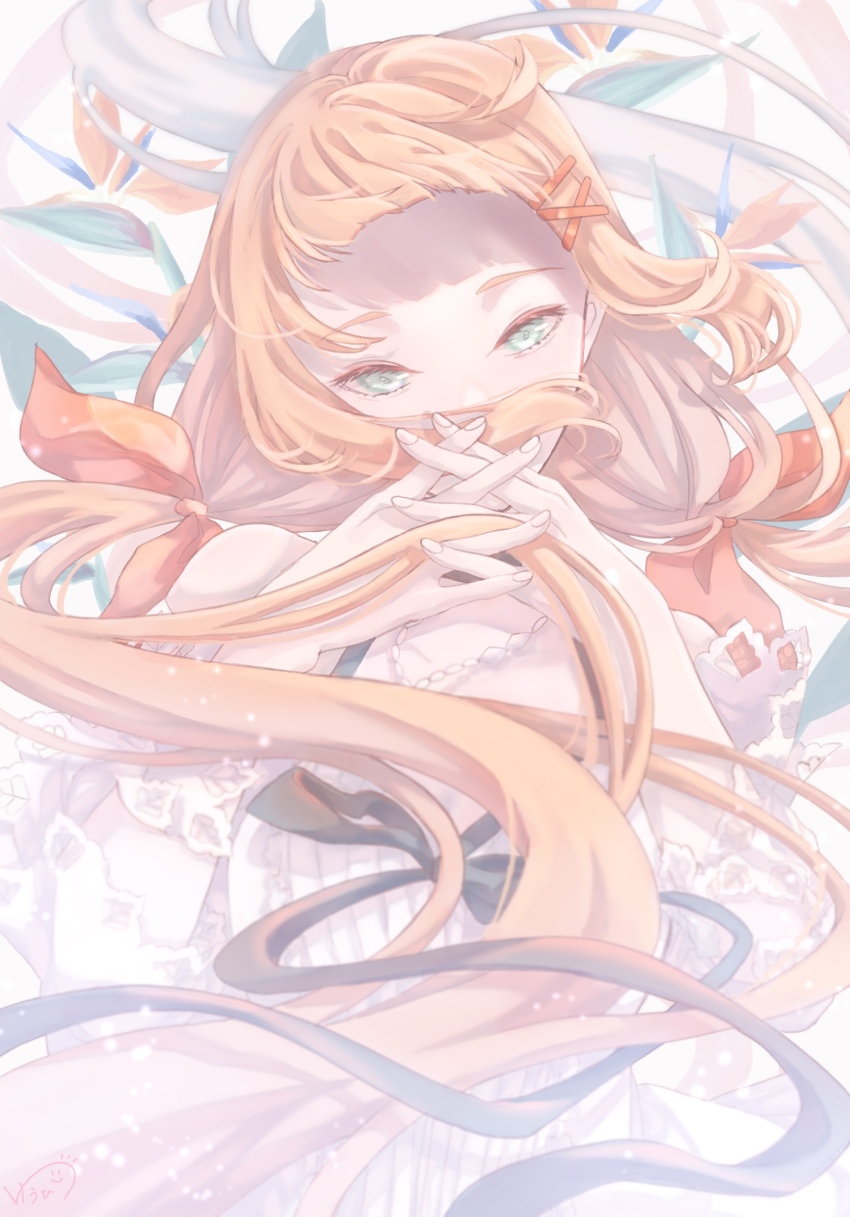 1girl black_ribbon eyelashes fingernails flower green_eyes hair_ornament hair_over_mouth hairclip highres interlocked_fingers jewelry kingdom_hearts long_hair looking_at_viewer necklace orange_hair ribbon shirt solo strelitzia_(kingdom_hearts) twilight_yuuhi very_long_hair white_shirt
