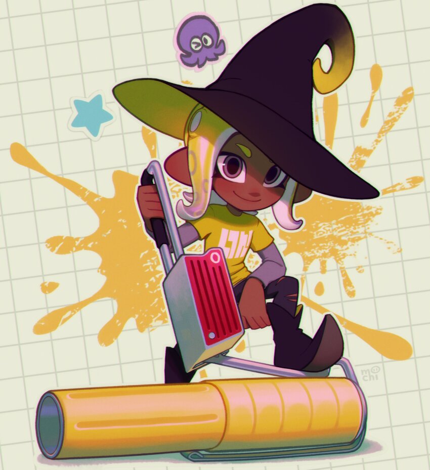 1girl absurdres black_hat blonde_hair brown_eyes closed_mouth dark-skinned_female dark_skin flingza_roller_(splatoon) grid_background hat highres holding holding_weapon inkumochi looking_at_viewer medium_hair nintendo octoling octoling_girl octoling_player_character print_shirt shirt simple_background smile solo splatoon_(series) splatoon_3 star_(symbol) tentacle_hair weapon white_background witch_hat yellow_shirt