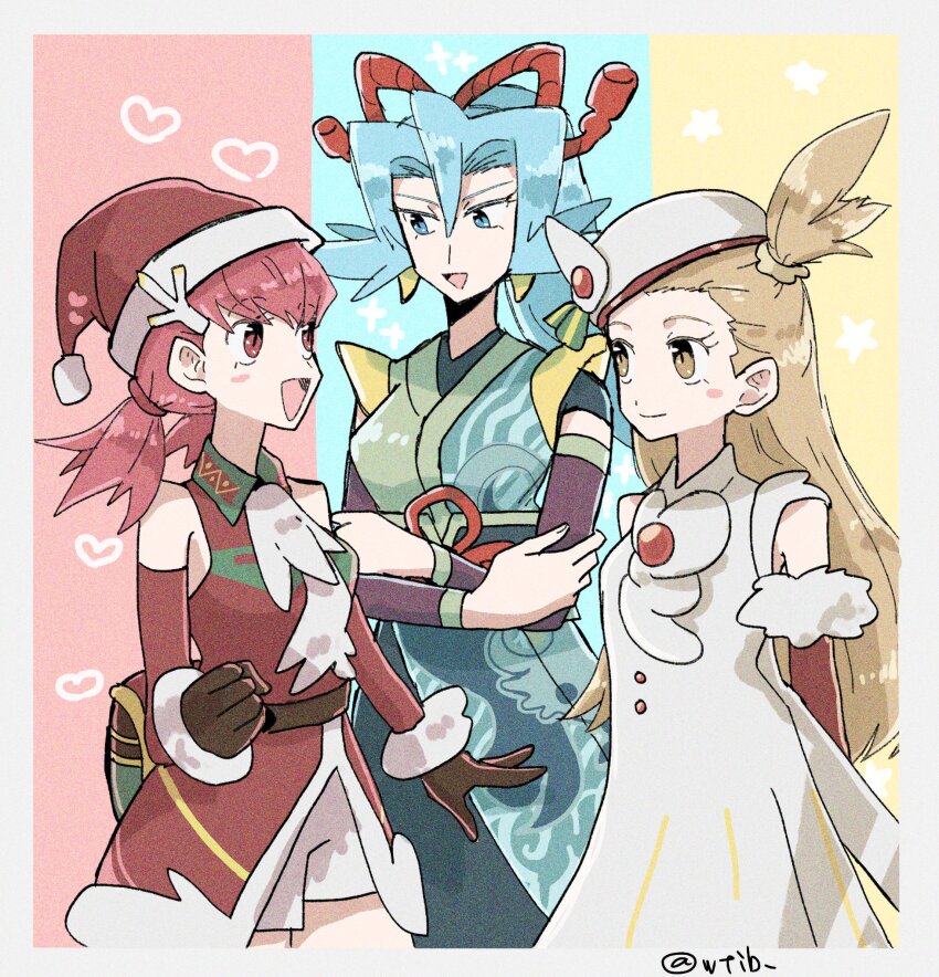 3girls blue_eyes blue_hair blush_stickers brown_eyes brown_gloves brown_hair clair_(new_year&#039;s_2024)_(pokemon) clair_(pokemon) crossed_arms dress earrings fake_horns gloves hat heart highres horns jasmine_(holiday_2022)_(pokemon) jasmine_(pokemon) jewelry looking_at_another multiple_girls nintendo official_alternate_costume pink_eyes pink_hair pokemon pokemon_masters_ex santa_hat shorts shu_(witb_) star_(symbol) tooth_earrings white_dress white_hat white_shorts whitney_(holiday_2022)_(pokemon) whitney_(pokemon)