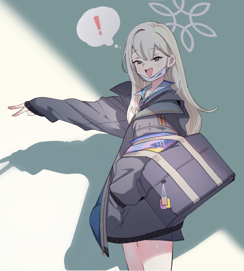 ! 1girl black_bag blue_archive commentary_request cowboy_shot from_side grey_eyes grey_hair grey_halo grey_jacket halo hand_in_pocket highres jacket keji133 konoka_(blue_archive) long_hair long_sleeves looking_at_viewer mask mask_around_neck mouth_mask open_mouth outstretched_arm shadow smile solo spoken_exclamation_mark v