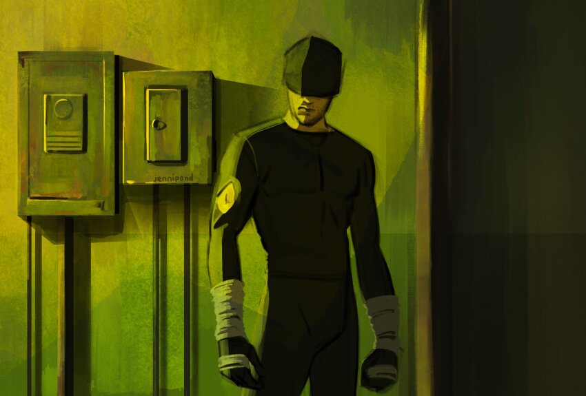 1boy bandages black_pants black_shirt blind daredevil daredevil_(netflix) highres jennipond male_focus marvel marvel_cinematic_universe mask matt_murdock pants shirt solo superhero_costume varia_suit