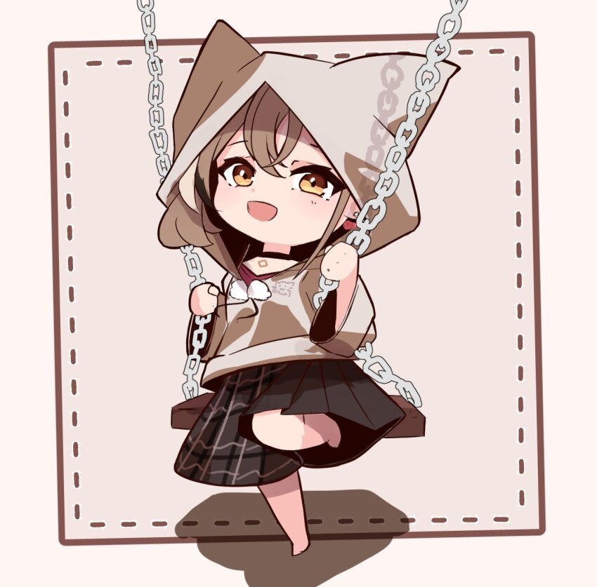 1girl animal_hood bare_legs berry black_choker brown_eyes brown_hair brown_hoodie brown_skirt chibi choker crossed_bangs earrings ears_through_headwear elun_(elun_00) food-themed_earrings highres hololive hololive_english hood hood_up hoodie jewelry long_hair long_skirt looking_at_viewer multicolored_hair nanashi_mumei nanashi_mumei_(casual) necklace official_alternate_costume on_swing oversized_clothes plaid_clothes plaid_skirt pleated_skirt red_shirt shirt simple_background skirt streaked_hair swing virtual_youtuber wide_sleeves