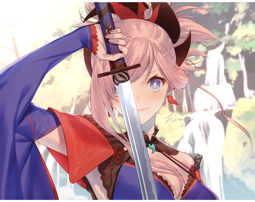 1girl blue_eyes blue_kimono blush breasts cleavage closed_mouth commentary detached_sleeves earrings fate/grand_order fate_(series) fingernails floating_hair hair_ornament hiiragi_(karashriker) holding holding_sword holding_weapon japanese_clothes jewelry katana kimono large_breasts looking_at_viewer magatama magatama_necklace miyamoto_musashi_(fate) miyamoto_musashi_(third_ascension)_(fate) necklace pink_hair pink_nails ponytail signature smile solo sword weapon