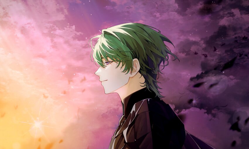 1boy absurdres black_cape cape closed_mouth cloud fire_emblem fire_emblem:_three_houses from_side gradient_sky green_hair highres male_byleth_(awakened)_(fire_emblem) male_byleth_(fire_emblem) male_focus myolmach nintendo official_alternate_hair_color orange_sky purple_sky short_hair sky smile solo