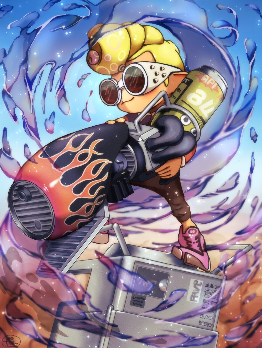 1boy aura blonde_hair blue_sky closed_mouth goggles gun highres holding holding_gun holding_weapon male_focus mohawk moromi_(kscd4482) nintendo octoling octoling_boy octoling_player_character range_blaster_(splatoon) shoes short_hair sky smile solo splatoon_(series) splatoon_3 standing tentacle_hair weapon
