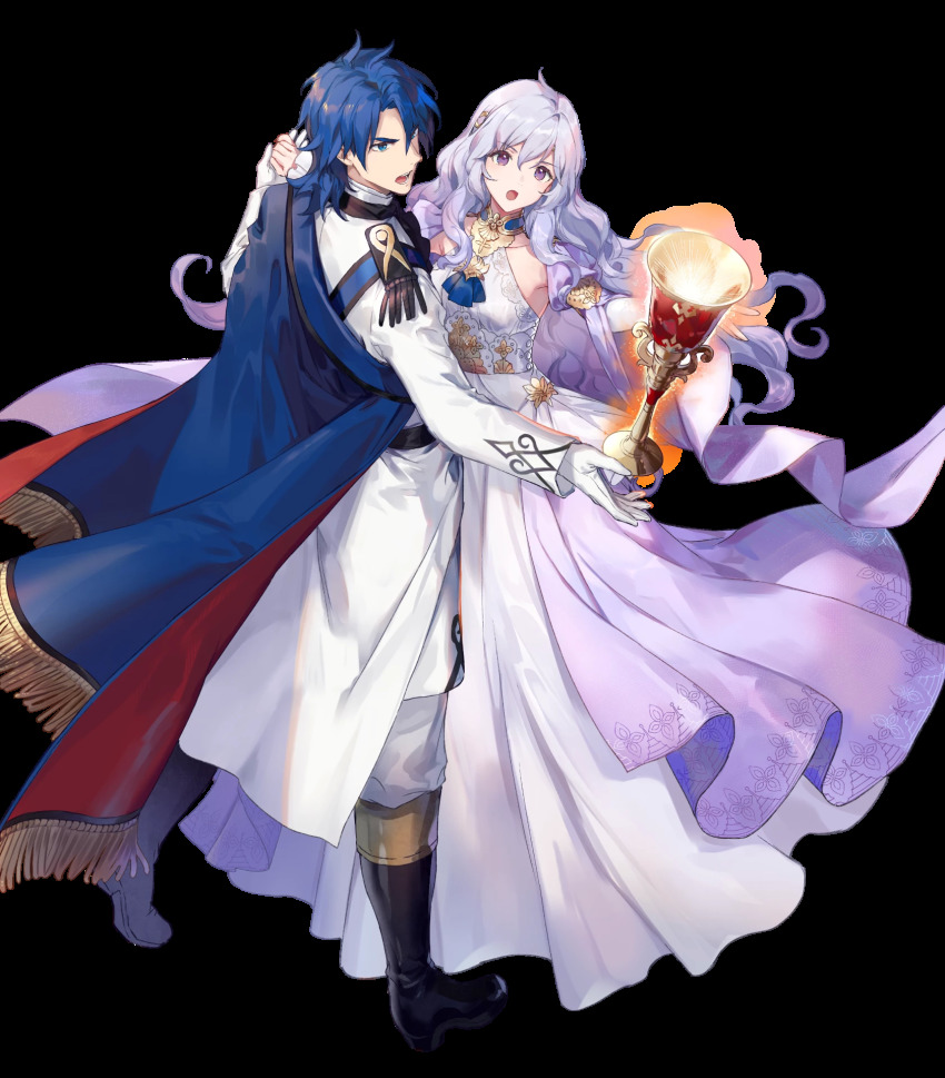1boy 1girl azu-taro ballgown ballroom_dancing ballroom_dress ballroom_gown black_footwear blue_eyes blue_hair boots cape chalice couple cup deirdre_(fire_emblem) deirdre_(masquerade)_(fire_emblem) dress fire_emblem fire_emblem:_genealogy_of_the_holy_war fire_emblem_heroes full_body gloves glowing highres husband_and_wife knee_boots light_purple_hair long_dress long_hair long_sleeves matching_hair/eyes nintendo official_art pants purple_eyes short_hair sigurd_(fire_emblem) sigurd_(masquerade)_(fire_emblem) transparent_background white_gloves