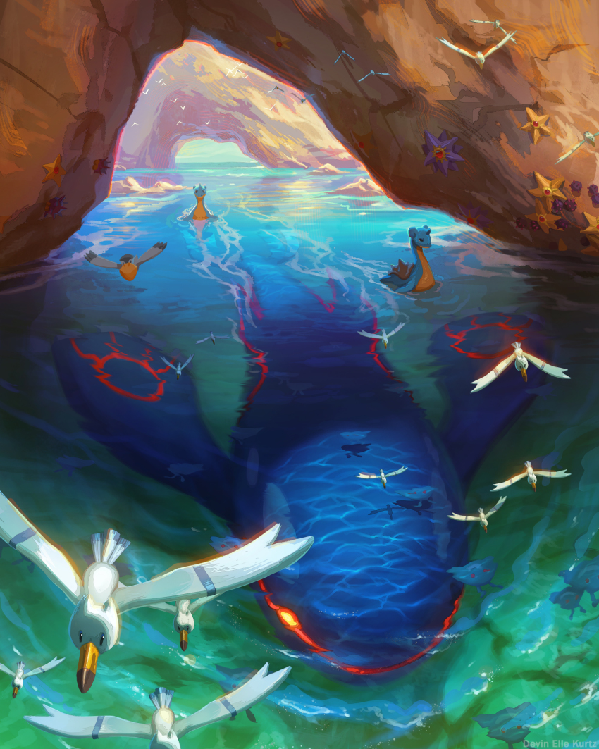 alt_text arch beak day devin_elle_kurtz fins flying from_above gen_1_pokemon gen_2_pokemon gen_3_pokemon gen_4_pokemon gen_7_pokemon gen_8_pokemon glowing glowing_eyes highres kyogre lapras legendary_pokemon mantine mantyke nature nintendo no_humans ocean outdoors pelipper pincurchin pokemon pokemon_(creature) pyukumuku rock shadow spikes starmie staryu stone sunlight swimming underwater water wingull