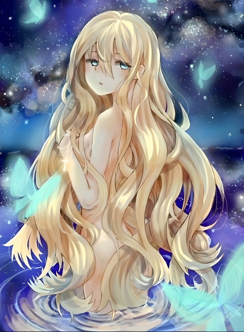 1girl absurdres artist_request ass blonde_hair blue_eyes breasts bug butterfly completely_nude cross cross_necklace demon_girl highres in_water insect jewelry latin_cross long_hair looking_back monster_girl necklace night night_sky nude open_mouth scp-166 scp_foundation sky small_breasts solo solo_focus standing very_long_hair water wavy_hair
