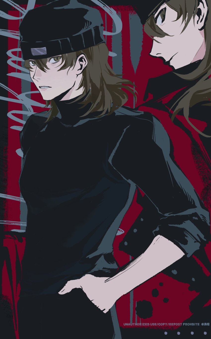 1boy aragaki_shinjirou beanie black_hat black_pants black_sweater brown_hair chinese_commentary closed_mouth coat commentary_request hair_between_eyes hand_in_pocket hat highres looking_at_viewer male_focus medium_hair multiple_views pants parted_lips persona persona_3 persona_3_reload qchng red_coat sleeves_rolled_up sweater turtleneck turtleneck_sweater upper_body