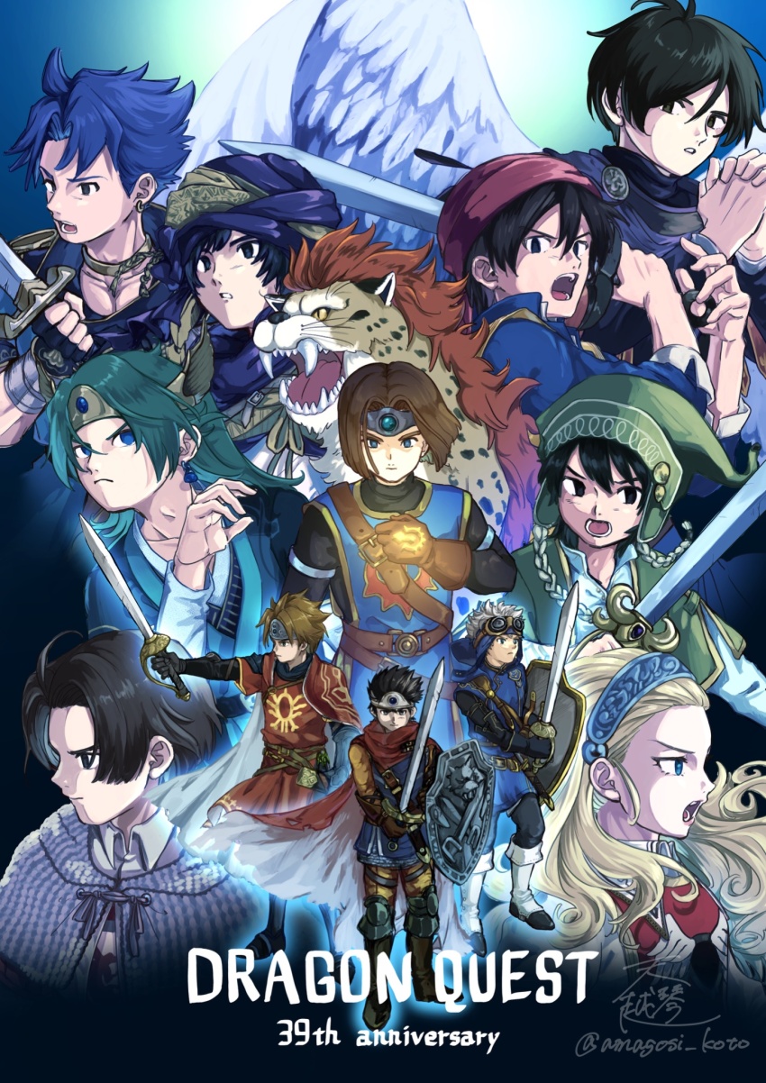 1girl 6+boys alternate_costume alternate_design alternate_hairstyle amagosi_koto ancestor_and_descendant angel angel_wings anlucea anniversary aqua_eyes aqua_gemstone armor asymmetrical_dual_wielding black_bodysuit black_eyes blonde_hair blue_eyes blue_hair blue_tunic blunt_ends bodysuit borongo chainmail circlet commentary_request copyright_name cosplay curly_hair dragon_quest dragon_quest_i dragon_quest_ii dragon_quest_iii dragon_quest_iv dragon_quest_ix dragon_quest_v dragon_quest_vi dragon_quest_vii dragon_quest_viii dragon_quest_x dragon_quest_xi dual_wielding everyone feathered_wings gem glowing goggles goggles_on_headwear gold_choker gold_headdress great_sabrecat green_hair hair_pulled_back hat_flaps hero_(dq1) hero_(dq10) hero_(dq11) hero_(dq3) hero_(dq4) hero_(dq5) hero_(dq6) hero_(dq7) hero_(dq8) hero_(dq9) highres holding holding_shield holding_sword holding_weapon in-franchise_crossover japanese_clothes long_hair looking_ahead looking_at_viewer looking_to_the_side multiple_boys muscular muscular_male open_mouth own_hands_clasped own_hands_together pants parted_hair prince prince_of_lorasia profile purple_turban red_tabard roche_(dq11) roche_(dq11)_(cosplay) roto&#039;s_emblem roto_(dq3) shield signature silver_circlet silver_hairband spiked_hair sword tabard tunic turban twitter_username weapon white_hair white_wings wings yellow_pants