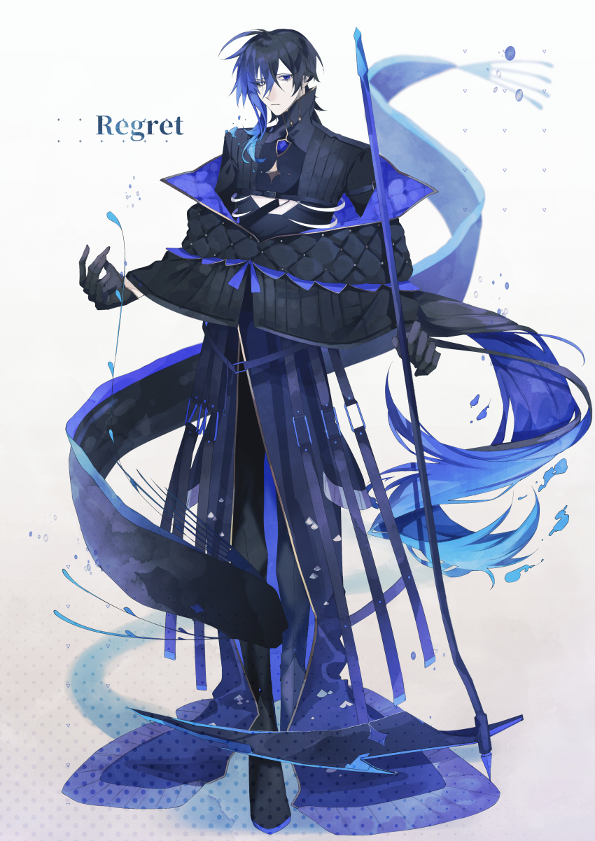 1boy absurdres ahoge belt black_cape black_gloves black_hair black_jacket black_pants blue_belt blue_coat blue_eyes blue_hair blue_pupils cape closed_mouth coat collared_jacket commentary_request cropped_jacket gloves gradient_hair hair_between_eyes heterochromia highres holding holding_staff jacket long_hair looking_at_viewer male_focus multicolored_hair multiple_belts original pants single_sidelock solo staff very_long_hair white_background white_eyes wu_(user_sevs2252)