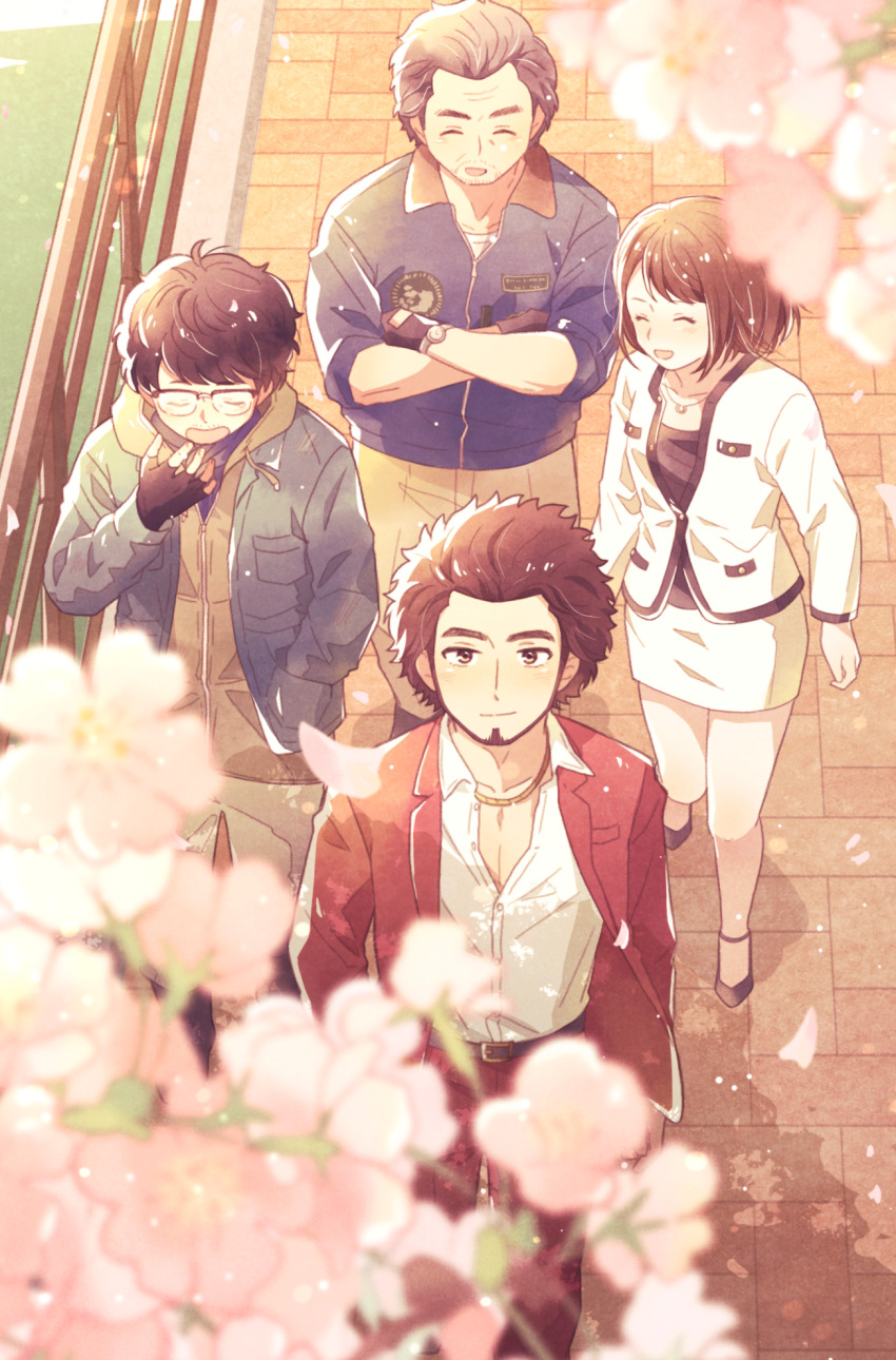 1girl 3boys adachi_koichi bridge brown_hair chain collared_shirt facial_hair fingerless_gloves formal_clothes friends glasses gloves gold_chain highres jacket kasuga_ichiban kuroneko-no-senaka messy_hair mukoda_saeko multiple_boys nanba_yu pencil_skirt red_suit ryuu_ga_gotoku_(series) ryuu_ga_gotoku_7 shirt skirt spring_(season) stubble suit