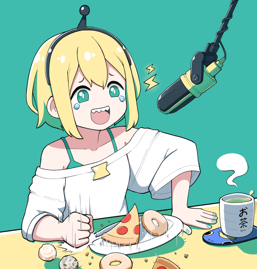 1girl :d amano_pikamee aqua_camisole black_hairband blonde_hair bra bra_strap bright_pupils camisole donut female_focus fingernails food green_background green_bra green_eyes green_hair green_nails gyari_(bird) hairband happy_tears highres jacy laughing long_sleeves microphone multicolored_hair nail_polish open_mouth pizza plate punching sharp_teeth short_hair simple_background smile solo steam sweater tears teeth two-tone_hair underwear virtual_youtuber voms white_sweater wide_sleeves