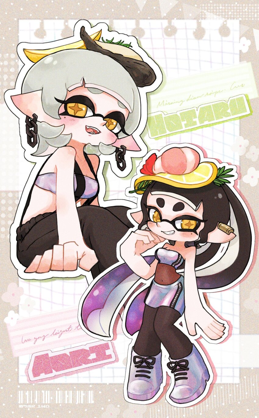 2girls baggy_pants black_hair blush bodystocking boots callie_(splatoon) callie_(summer_nights)_(splatoon) chain chain_earrings character_name earrings fangs flower food fruit full_body gradient_hair graph_paper grey_background grey_hair grid_background highres inkling jewelry lemon lemon_slice lined_paper long_hair looking_at_viewer marie_(splatoon) marie_(summer_nights)_(splatoon) mole mole_under_eye multicolored_hair multiple_girls nintendo open_mouth outline oyster pants pointy_ears polka_dot polka_dot_background purple_hair shrimp sitting skirt smile smr_ika splatoon_(series) splatoon_3 standing strapless suspenders sweatpants tentacle_hair tube_top twintails two-tone_hair white_background white_outline yellow_eyes