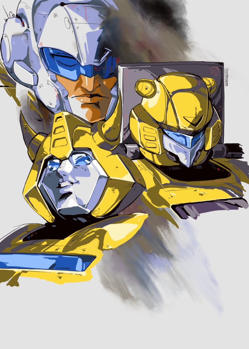 1980s_(style) 3boys absurdres autobot blue_eyes bumblebee character_request commentary english_commentary goldbug_(transformers) highres hinomars19 horns looking_ahead looking_up mecha multiple_boys no_humans oldschool retro_artstyle robot science_fiction transformers upper_body visor