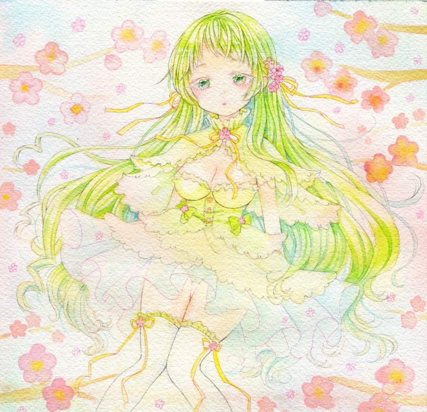 1girl amu_(m_aa) breasts capelet cleavage commentary_request dress feet_out_of_frame flower frilled_thighhighs frills green_capelet green_dress green_eyes green_hair green_panties hair_flower hair_ornament hair_ribbon highres long_hair looking_at_viewer neck_ribbon original painting_(medium) panties parted_lips ribbon short_dress small_breasts solo strapless strapless_dress tareme thighhighs traditional_media underwear very_long_hair watercolor_(medium) white_thighhighs yellow_ribbon