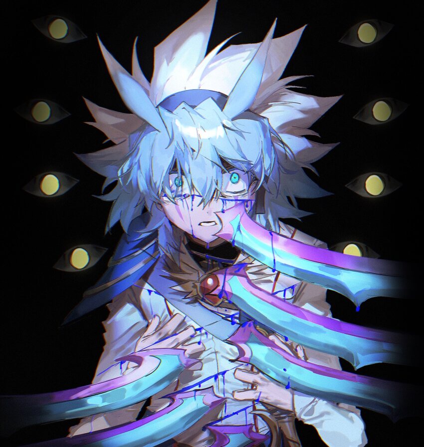 1boy alien_888 antenna_hair armor black_background black_shirt blood blood_on_clothes blood_on_face blue_armor blue_hair clutching_chest clutching_clothes coat commentary crying crying_with_eyes_open facial_mark facing_viewer green_eyes hair_over_one_eye hands_on_own_chest headgear highres injury jacket looking_at_viewer male_focus monster open_mouth paint_splatter paint_splatter_on_face scabbard self-harm self-harm_scar sheath shirt shoulder_armor solid_eyes spiked_hair surprised sword tears trench_coat weapon white_jacket white_shirt yellow_eyes yu-gi-oh! yu-gi-oh!_go_rush!! yudias_velgear