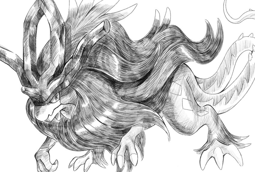 claws closed_mouth full_body highres mane mint_nappa monochrome multiple_tails nintendo no_humans pokemon pokemon_(creature) pokemon_focus raptor simple_background solo tail traditional_media two_tails walking_wake