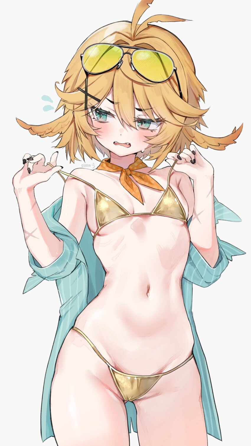 1girl aqua_eyes aqua_shirt artist_name bikini black_nails blonde_hair blush breasts cowboy_shot cross_scar dokibird_(vtuber) dokibird_(vtuber)_(bounty_hunter) embarrassed eyewear_on_head fang feather_hair fingernails flying_sweatdrops gold_bikini hair_between_eyes hair_ornament highres indie_virtual_youtuber long_fingernails looking_to_the_side medium_breasts medium_hair micro_bikini nail_polish navel off_shoulder oimo_0imo open_clothes open_mouth open_shirt pinstripe_pattern pinstripe_shirt scar scar_on_arm shirt simple_background solo standing stomach string_bikini sunglasses swimsuit virtual_youtuber white_background x_hair_ornament