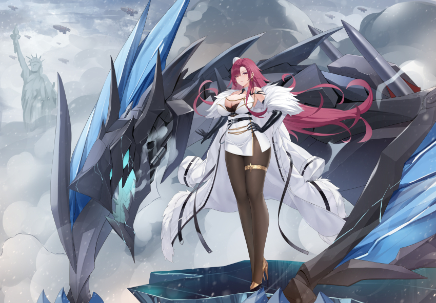 1girl absurdres azur_lane black_bra black_gloves bra bra_peek breasts brown_pantyhose chinese_commentary cleavage coat command_&amp;_conquer command_&amp;_conquer:_red_alert command_&amp;_conquer:_red_alert_2 elbow_gloves feng_mouren full_body fur-trimmed_coat fur_trim gloves gold_shoes hand_on_own_hip high_heels highres jacket kirov_airship large_breasts latex latex_gloves long_hair long_sleeves non-humanoid_robot open_clothes open_coat outdoors pantyhose personification red_eyes red_hair robot robot_dragon rocket_launcher shoes sleeveless sleeveless_jacket smoke solo standing statue_of_liberty thigh_strap underwear very_long_hair weapon white_coat white_jacket